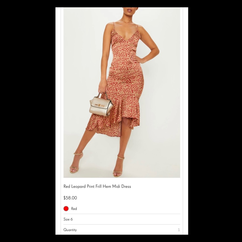 PrettyLittleThing Red Leopard Print Frill Dress. Size 6.